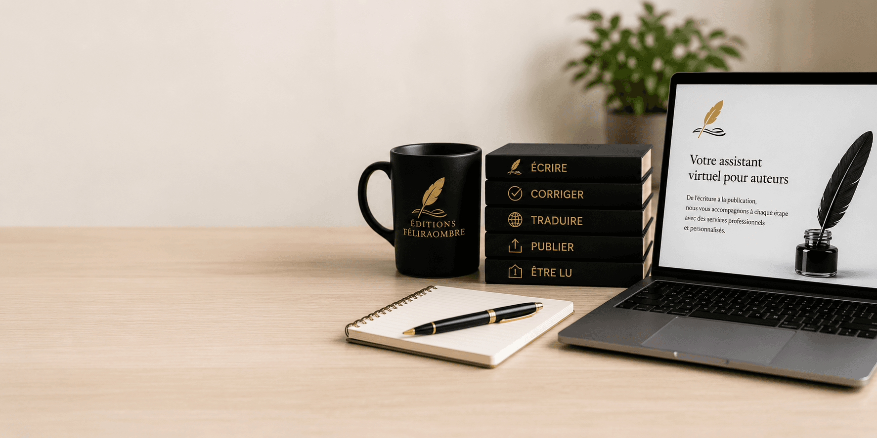 Bureau Éditions Féliraombre — mug, livres écrire/corriger/traduire/publier/être lu et ordinateur